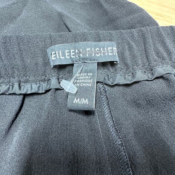 Eileen Fisher NWOT 100% Silk Straight Leg Ankle Pants Black Size M Elastic Waist - Picture 3 of 7